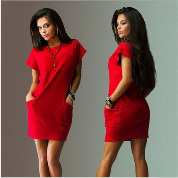 Summer Fashion Women Clothing Casual Short Sleeve O-Neck Black Blue Dresses Slim Pocket Bodycon T Shirt Dress