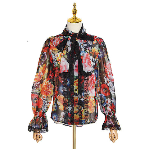 Vintage Floral print Chiffon Shirts Blouse Women