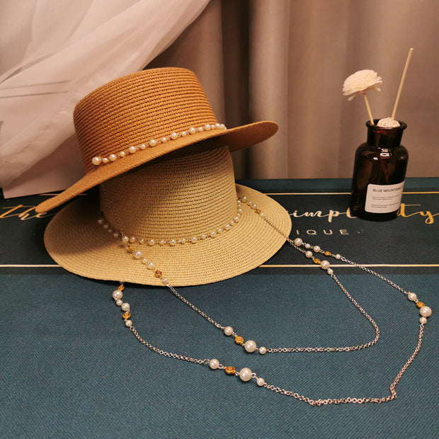 French Retro Pearl Chain Flat Straw Hat Elegant Top Hat Female Spring And Summer