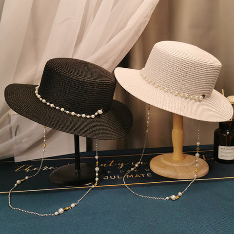 French Retro Pearl Chain Flat Straw Hat Elegant Top Hat Female Spring And Summer