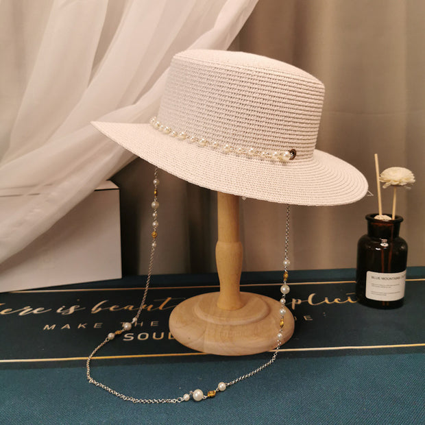 French Retro Pearl Chain Flat Straw Hat Elegant Top Hat Female Spring And Summer