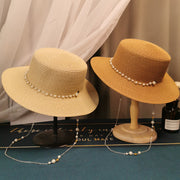 French Retro Pearl Chain Flat Straw Hat Elegant Top Hat Female Spring And Summer