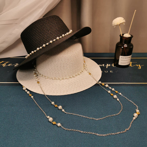 French Retro Pearl Chain Flat Straw Hat Elegant Top Hat Female Spring And Summer