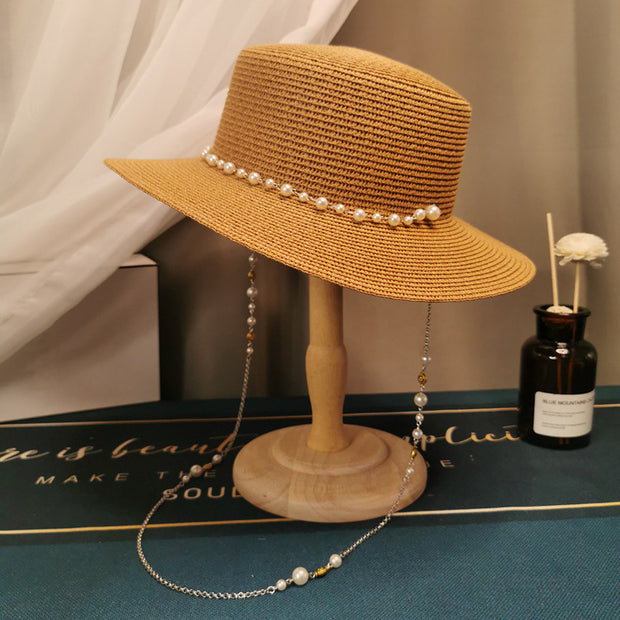 French Retro Pearl Chain Flat Straw Hat Elegant Top Hat Female Spring And Summer