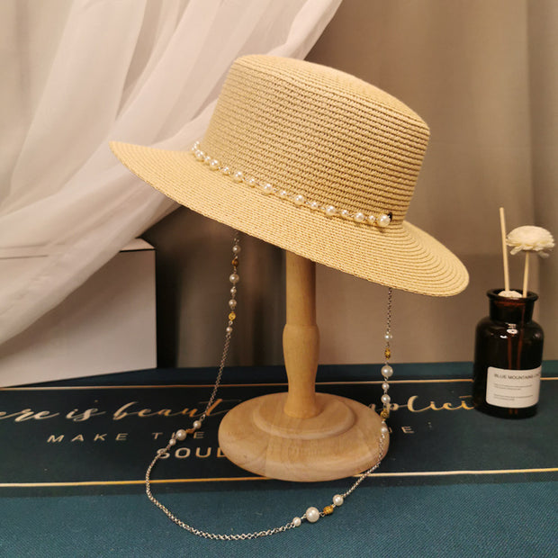 French Retro Pearl Chain Flat Straw Hat Elegant Top Hat Female Spring And Summer