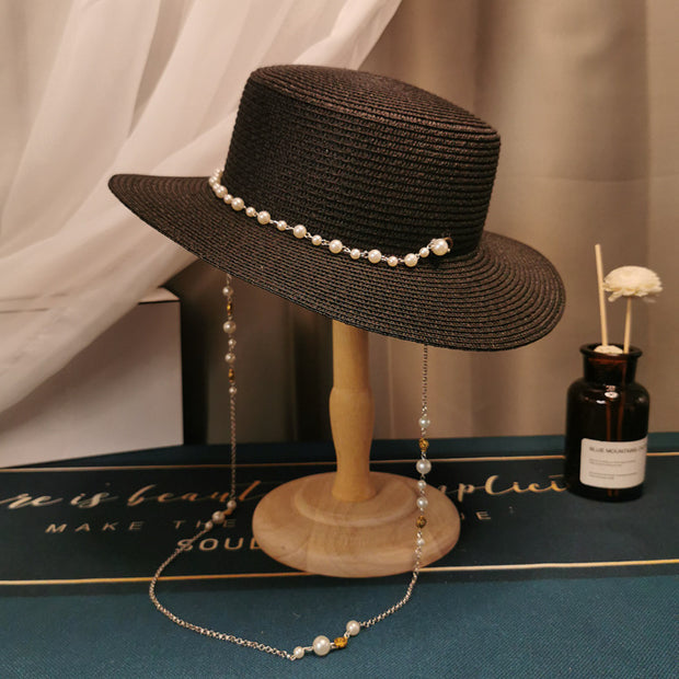 French Retro Pearl Chain Flat Straw Hat Elegant Top Hat Female Spring And Summer