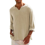 Men's Long Sleeve V Neck Casual Beach Linen Shirt