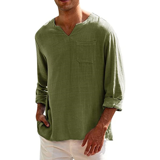 Men's Long Sleeve V Neck Casual Beach Linen Shirt