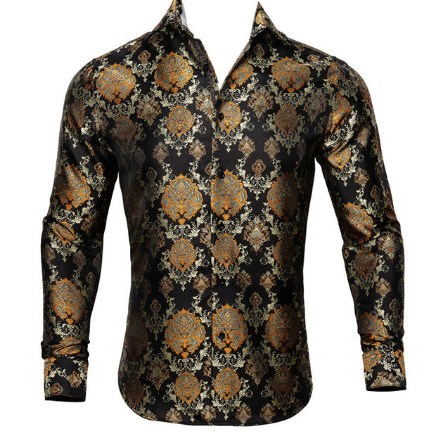 Barry.Wang Teal Paisley Floral Silk Shirts Men Autumn Long Sleeve Casual Flower Shirts For Men Designer Fit Dress Shirt BCY-05