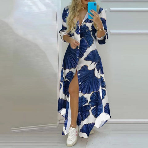 Button Fashion Print Long Sleeve Shirt Sexy Dress Women