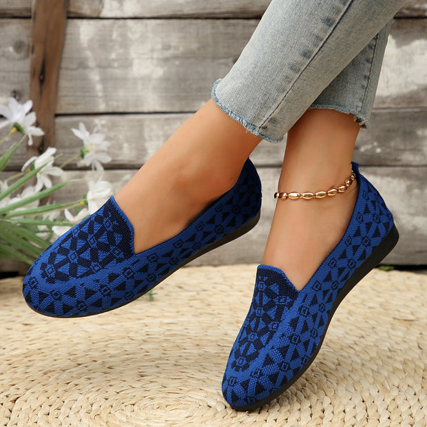 Printed Round Toe Flat Shoes Fashion Casual Hollow Breathable Knitted Shoes Loafers For Women