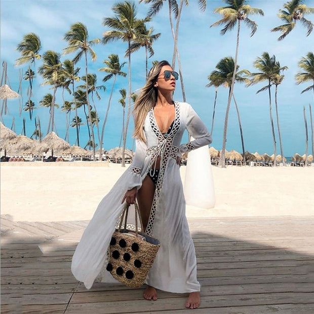 Crochet White Knitted Beach Cover up dress Tunic Long Pareos Bikinis Cover ups Swim Cover up Robe Plage Beachwear