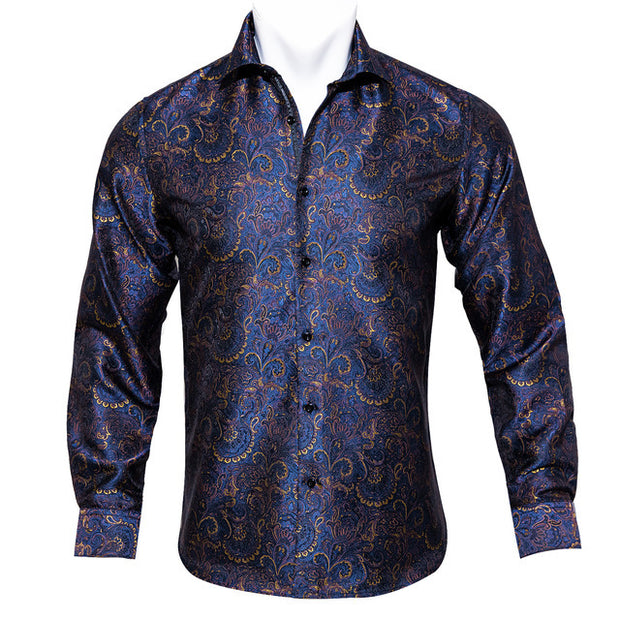 Barry.Wang Teal Paisley Floral Silk Shirts Men Autumn Long Sleeve Casual Flower Shirts For Men Designer Fit Dress Shirt BCY-05