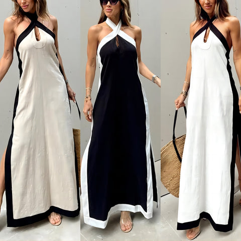 Cotton And Linen Backless Halter Split Dress