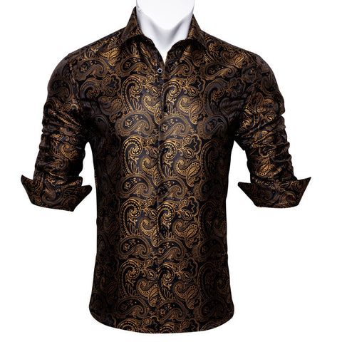 Barry.Wang Teal Paisley Floral Silk Shirts Men Autumn Long Sleeve Casual Flower Shirts For Men Designer Fit Dress Shirt BCY-05